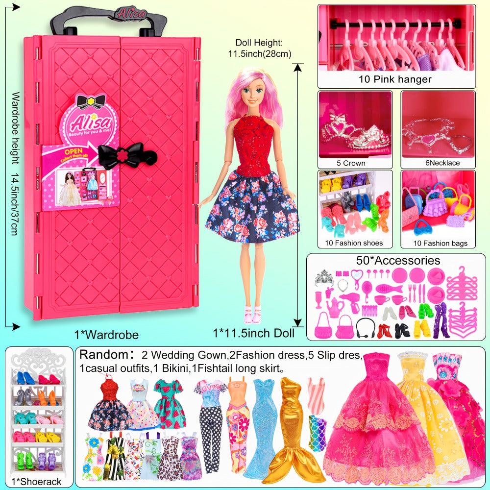 Doll Closet Playset 105 Piece Rose Wardrobe for 11.5 Inch Dolls, Wedding Gowns Fishtail Dress Swimsuit Shoes Handbags Crowns 
