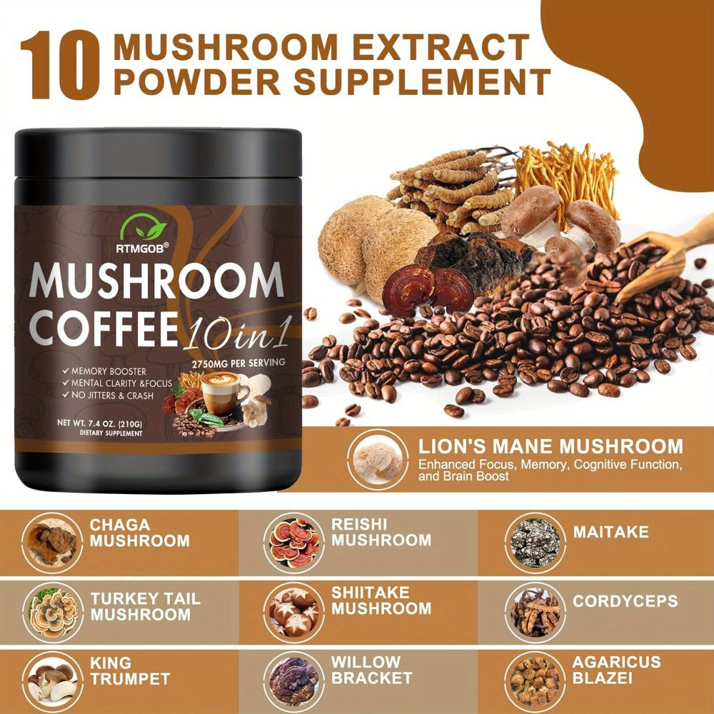 Mushroom Coffee Blend Powder 210g, Instant Coffee with Lion's Mane, Reishi, Cordyceps, Chaga & Chanterelle — image 13