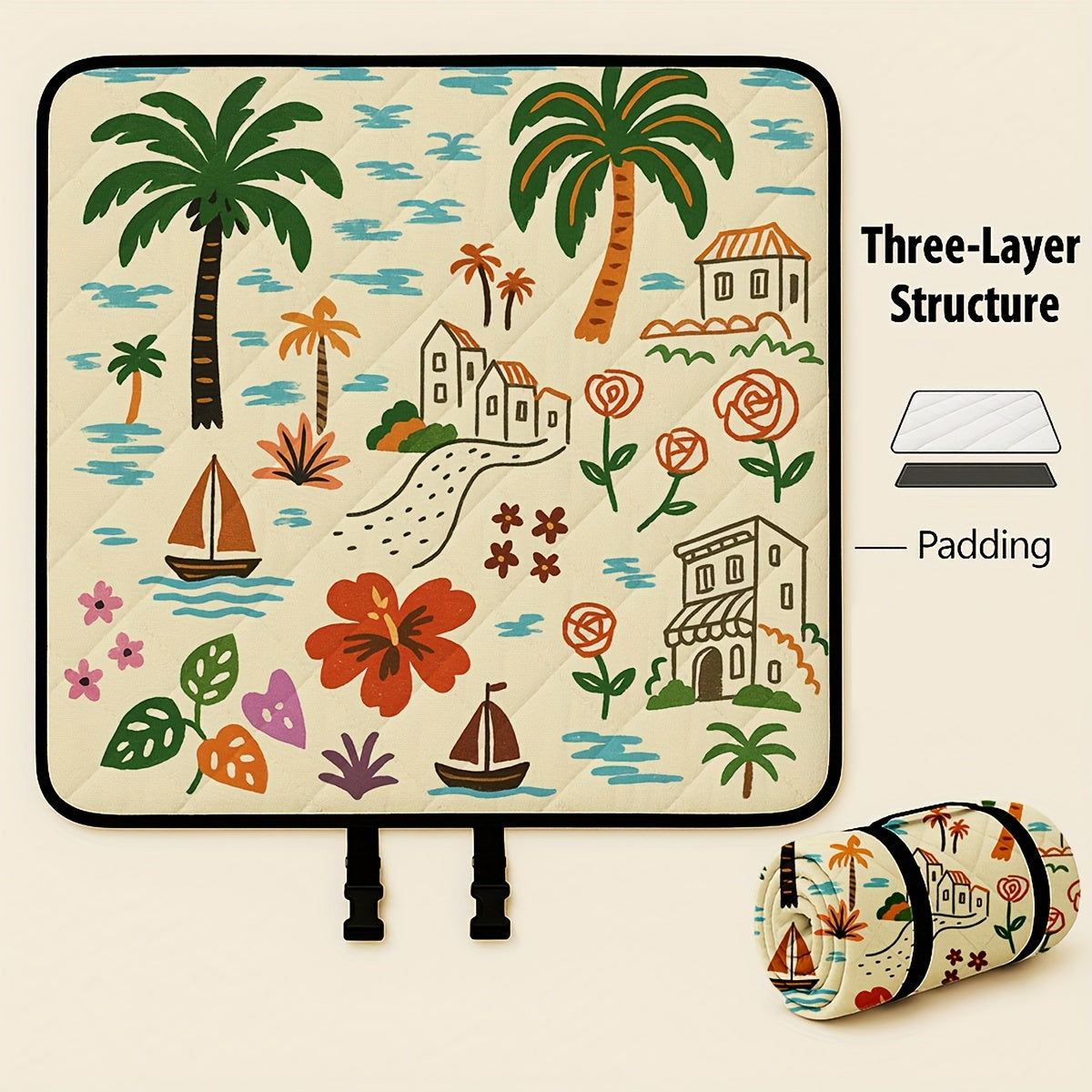 Large Padded Picnic Blanket with Carry Straps in Geometric, Palm-Village or Tropical Leaf Prints — image 5