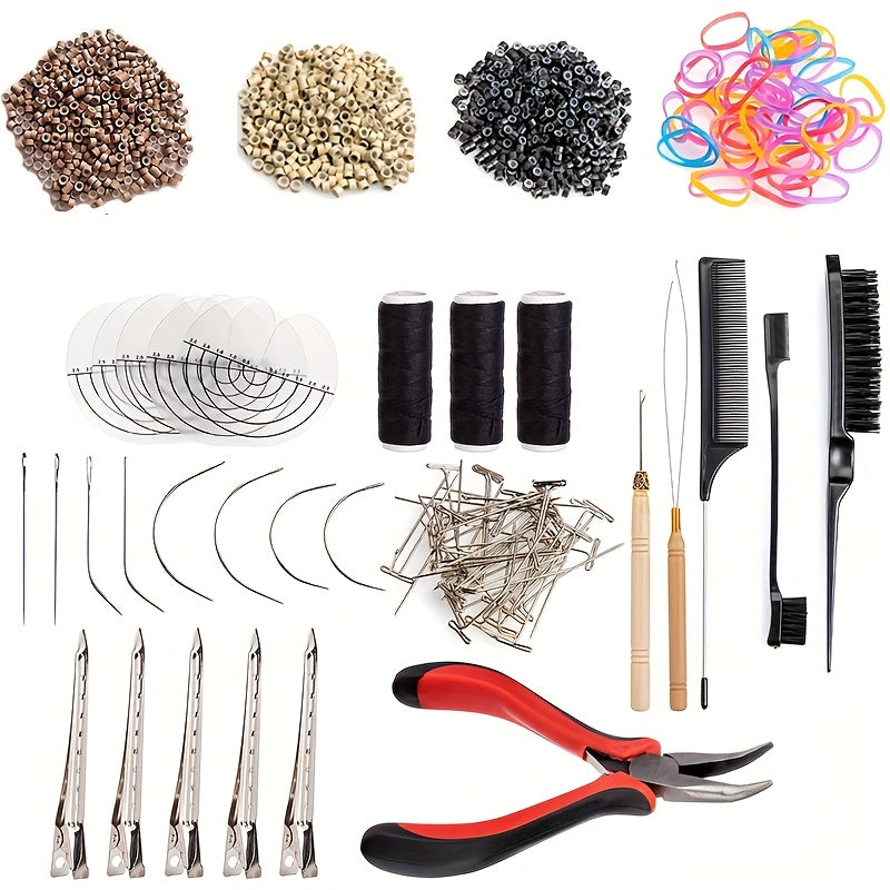 Micro Ring Hair Extension Tools Kit 1500 Rings – Complete Set with Plier, Crochet Hook, Needles, Threader, Rubber Bands, Clip