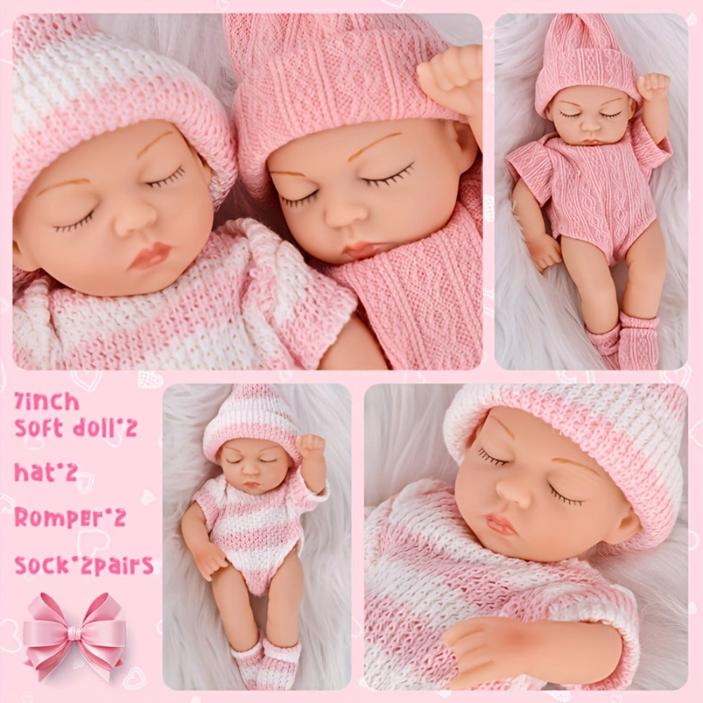 Twin Baby Doll Set with Two 7-Inch Soft Dolls, Pink Knit Hats, Rompers and Two Pairs of Matching Socks — image 7