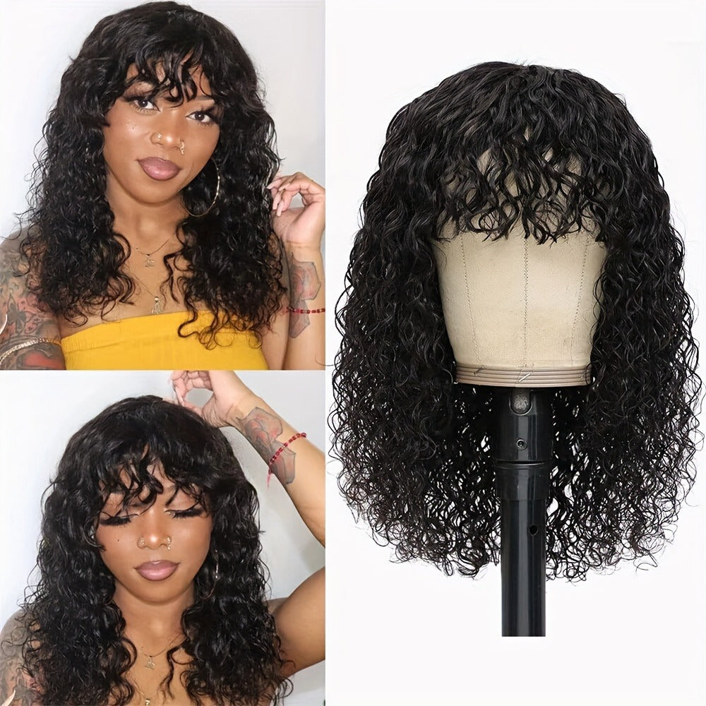 Remy Human Hair Water Wave Wig with Bangs Glueless Full Machine Made Rose Net Cap, for Home, Travel and Salon Hair Styling — 