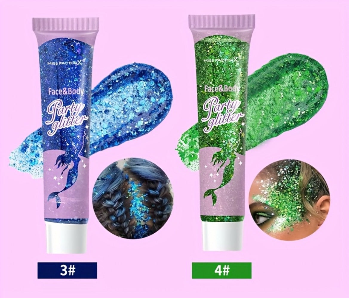 Face Body Glitter Gel Set 30 Pieces – Colorful Shapes Mermaid Sequin Stars Hearts, Transparent Gel Base, Skin-Safe Shimmer Ma