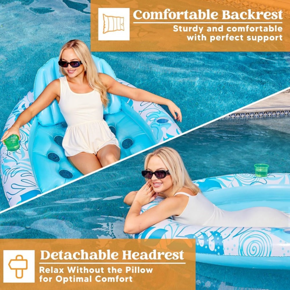 70 x 50-Inch Inflatable Pool Float Lounger with Oval Blue Body, Removable Backrest and Two Cup Holders — image 7
