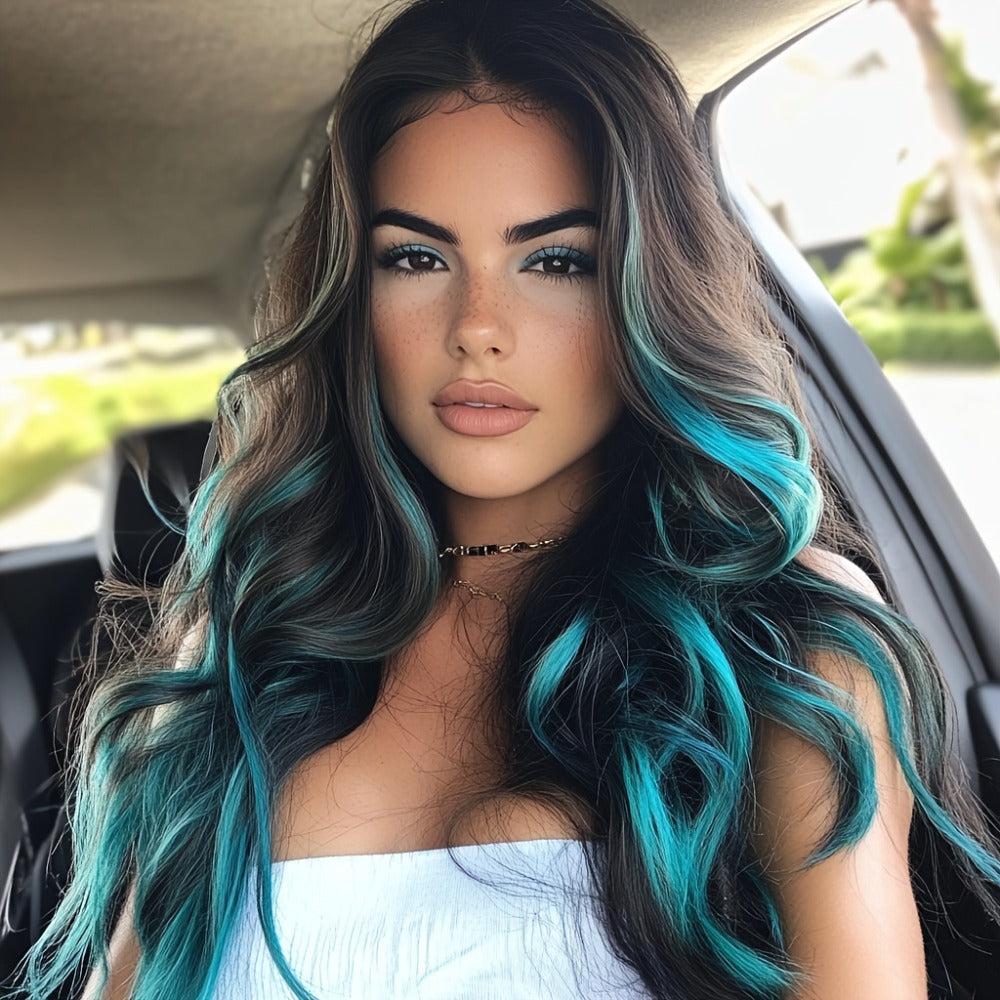 Synthetic Wig 24-Inch Mineral Green Ombre Style with Adjustable Rose Mesh Cap and Combs for Cosplay — image 4