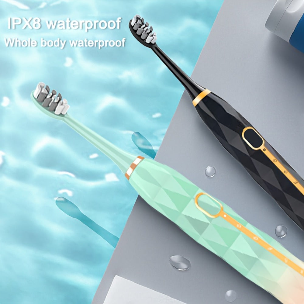 IPX8 Sonic Electric Toothbrush with 8 Replacement Brush Heads – Metal Shaft, USB Rechargeable 500mAh, Travel Case & Holder — 