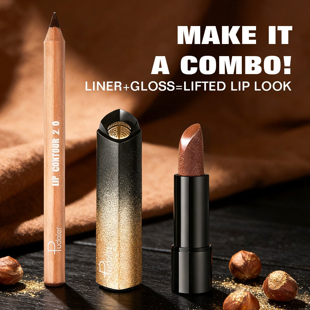 Golden Lipstick Set with Lip Liner Pencil 2 Piece, Brown Shimmer Lipstick and Nude Lip Liner — image 8