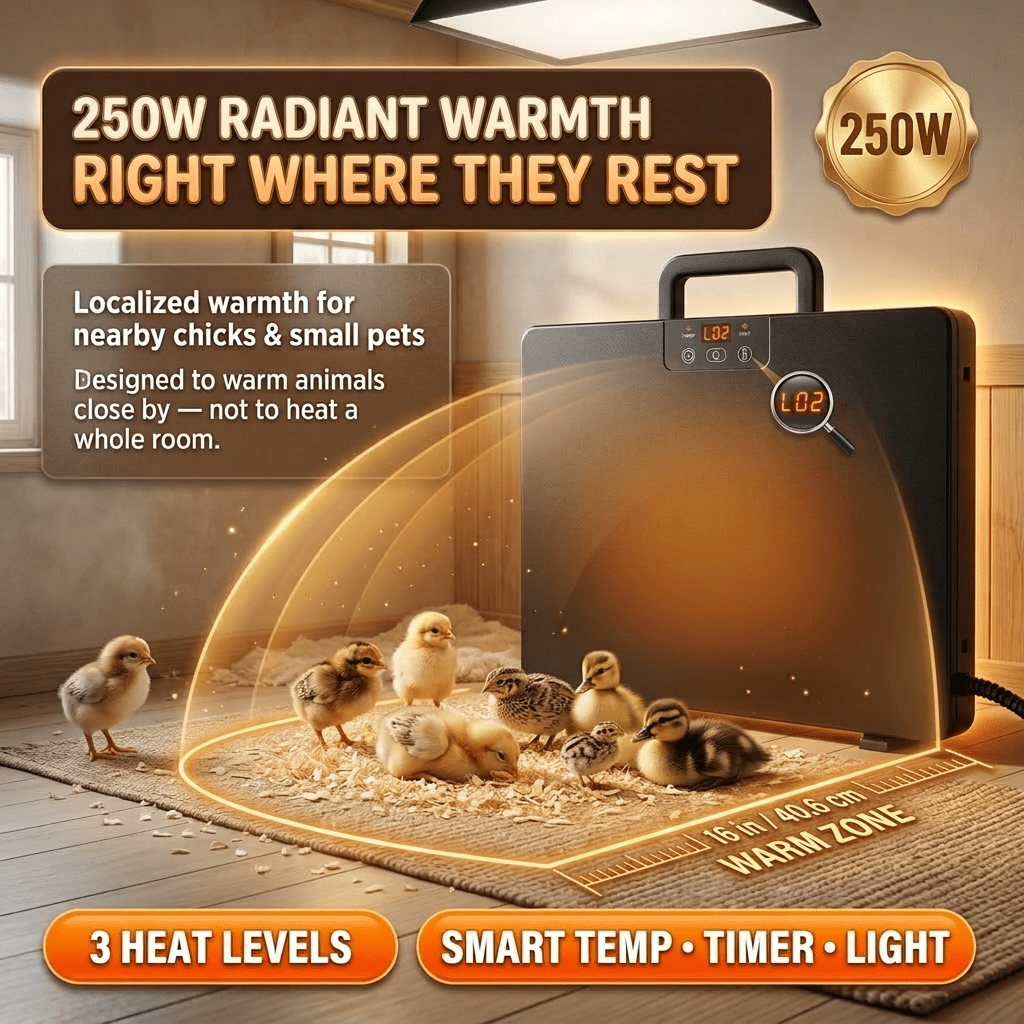 Brooder Heater 250W Heating Panel for Chicks, Ducklings & Quail, 3 Heat Levels, 4-Timer Settings — image 10