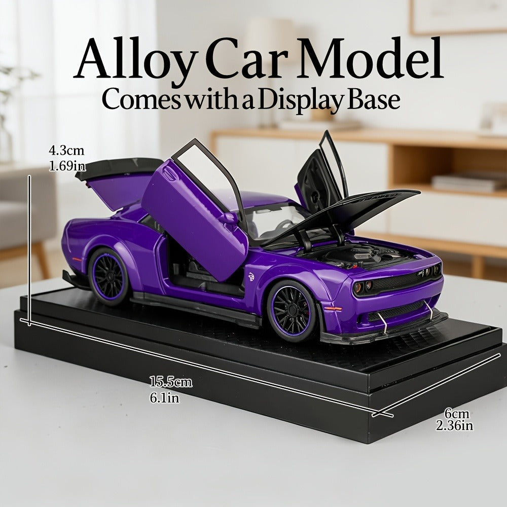 Purple Dodge Sports Car Zinc Alloy Diecast Model with Display Base & Openable Doors, High Simulation Static Display Collectib