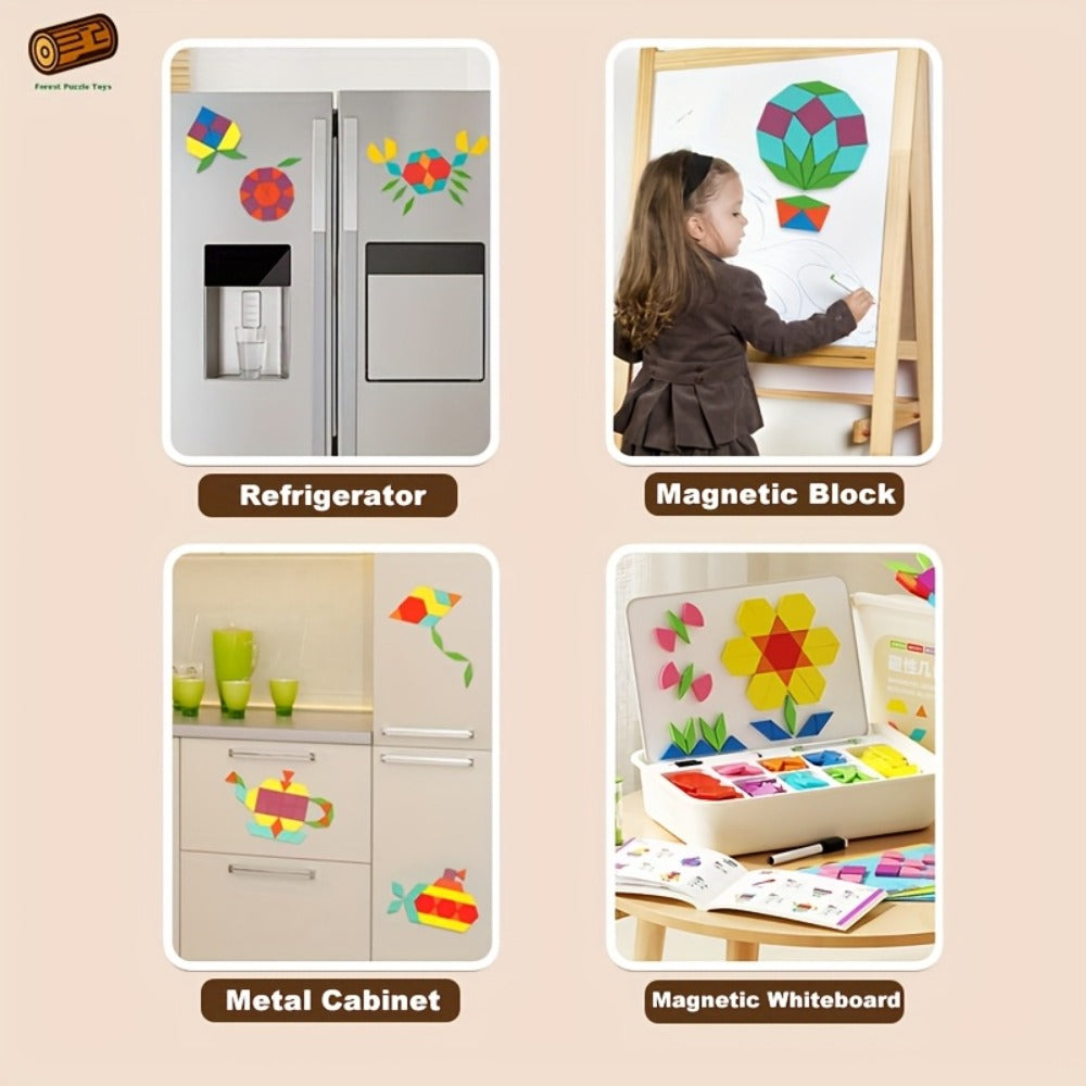 Magnetic Wooden Puzzle Blocks 128 180 220 Piece Set, Geometric Figures Cognitive Learning STEM Toy for Kids — image 17