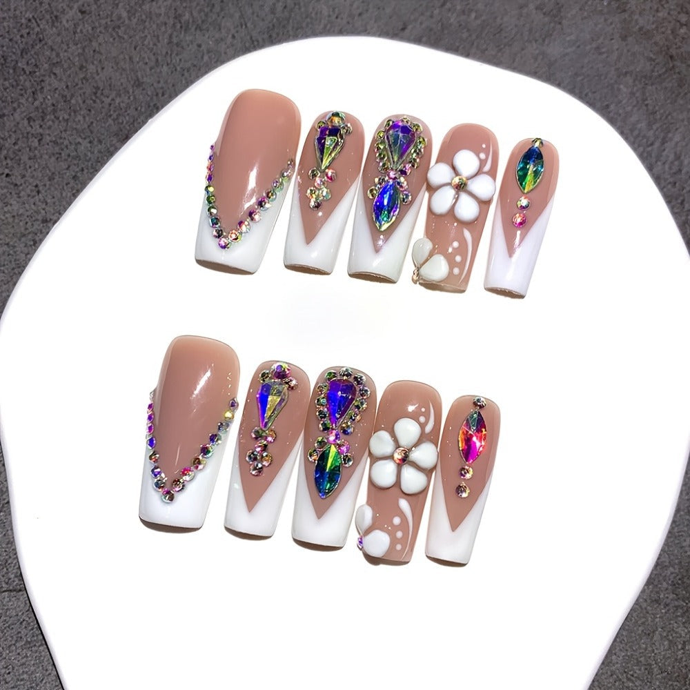 Press On Nails 10-Piece Square French-Tip Set with Nude White Gloss, AB Rhinestones and Floral Design — image 2