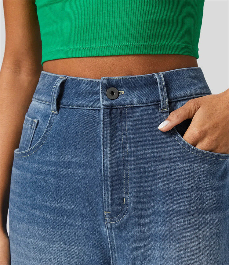 High-waisted Trousers-foot Curling Straight Jeans