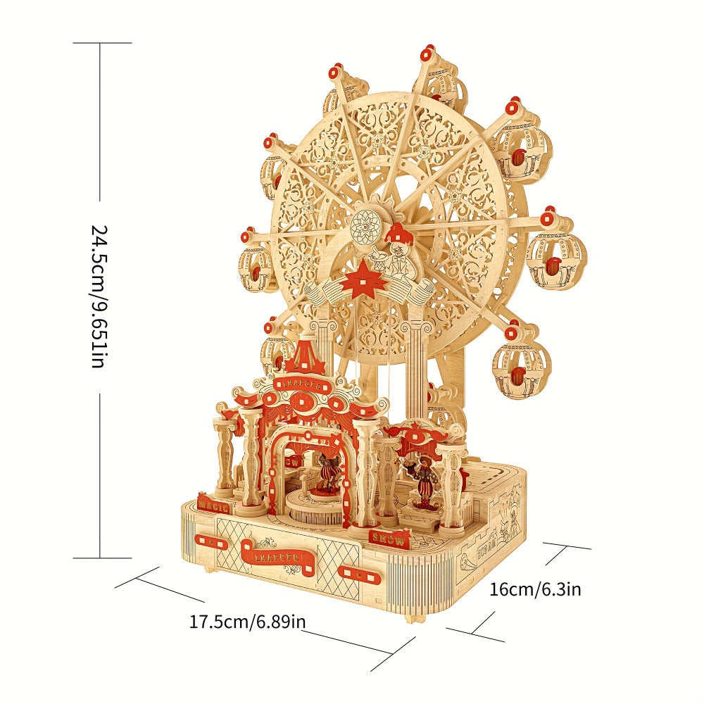 DIY Wooden Ferris Wheel Music Box Kit, 3D Mechanical Spinning Puzzle Model with the Listed Color, Size or Set Options for Eve