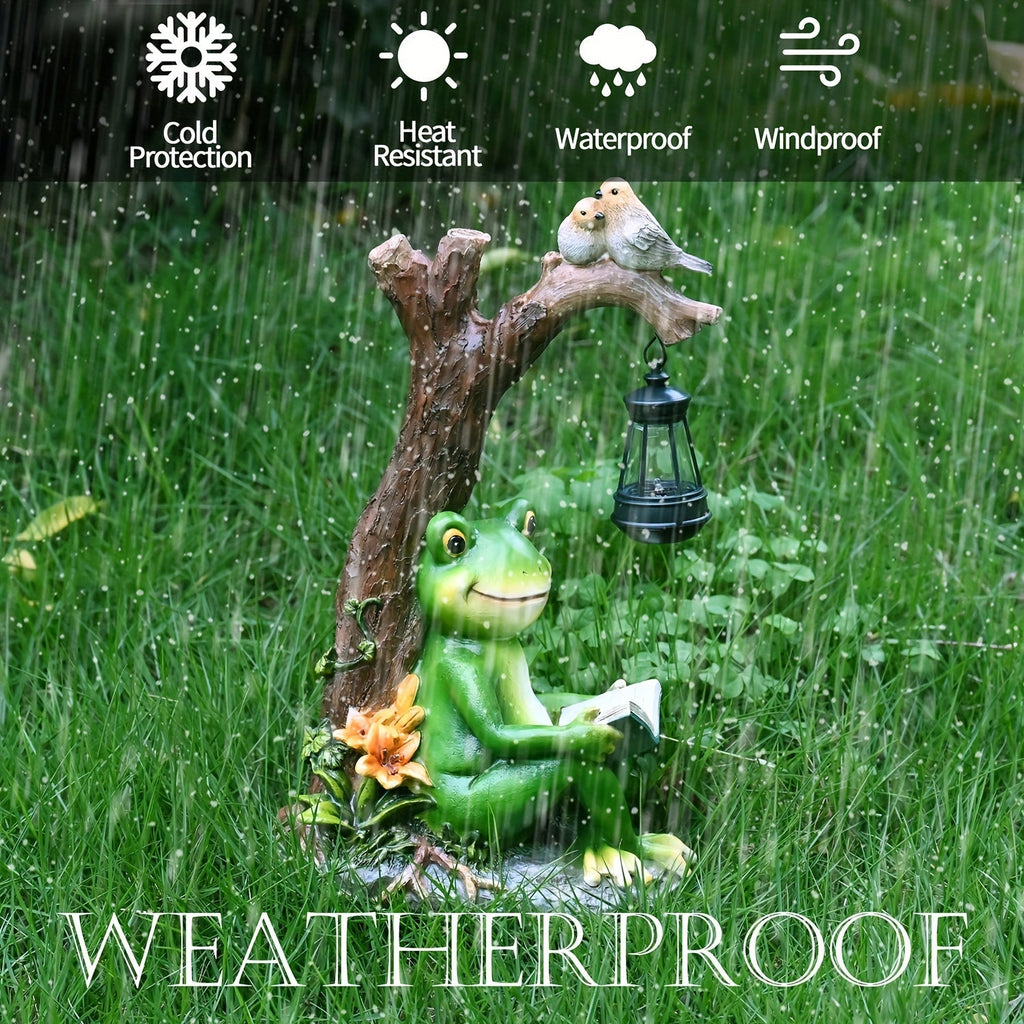 Solar Garden Lights Frog Reading Statue with Lantern, One-Piece Resin Lawn and Patio Ornament — image 3