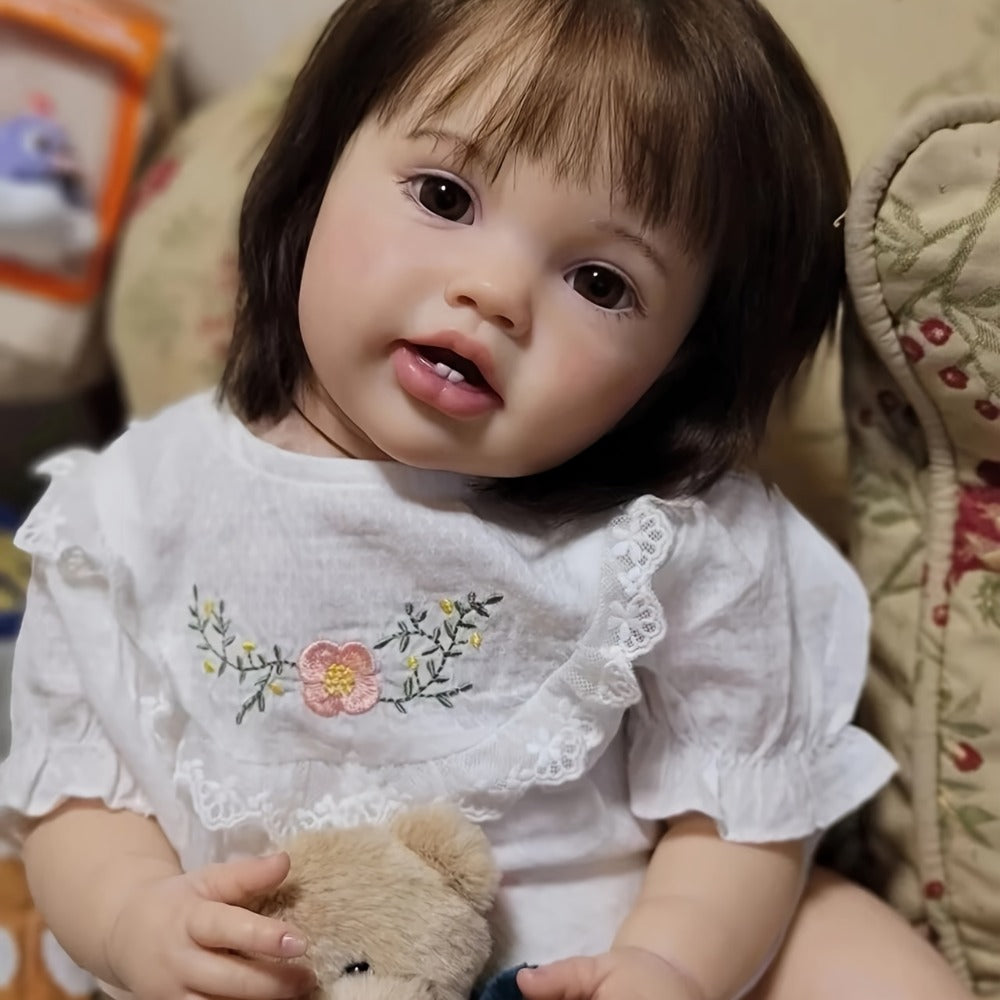 Reborn Baby Doll 24-Inch Cloth Body with Vinyl Limbs, Rooted Brown Hair, Open Eyes, Outfit and Feeding Accessories — image 5