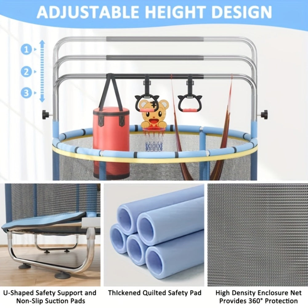 60 Inch Trampoline with Enclosure and Gymnastics Bar, Height Adjustable Indoor Outdoor Round Trampoline with Toys for Kids — 