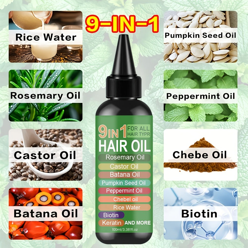 Rosemary 9-in-1 Hair and Scalp Oil, 100ml Nozzle Bottle with Rice Water, Batana, Castor and Biotin Labels — image 2