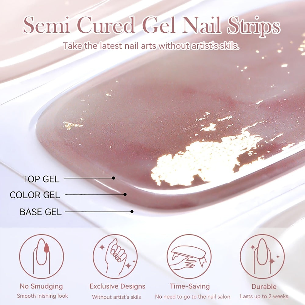 Gel Nail Art Kit Semi-Cured Nail Stickers 20 Designs with Portable UV Lamp Full Coverage Soft Gel Nail Patches Nude Nail Wrap
