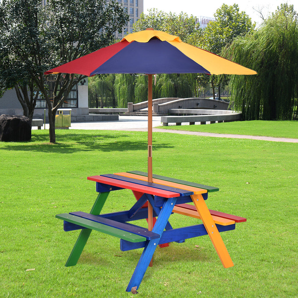 Kids Picnic Table Set with Umbrella Wood Table Bench Set for Toddlers Seats with the Listed Color, Size or Set Options for Ev