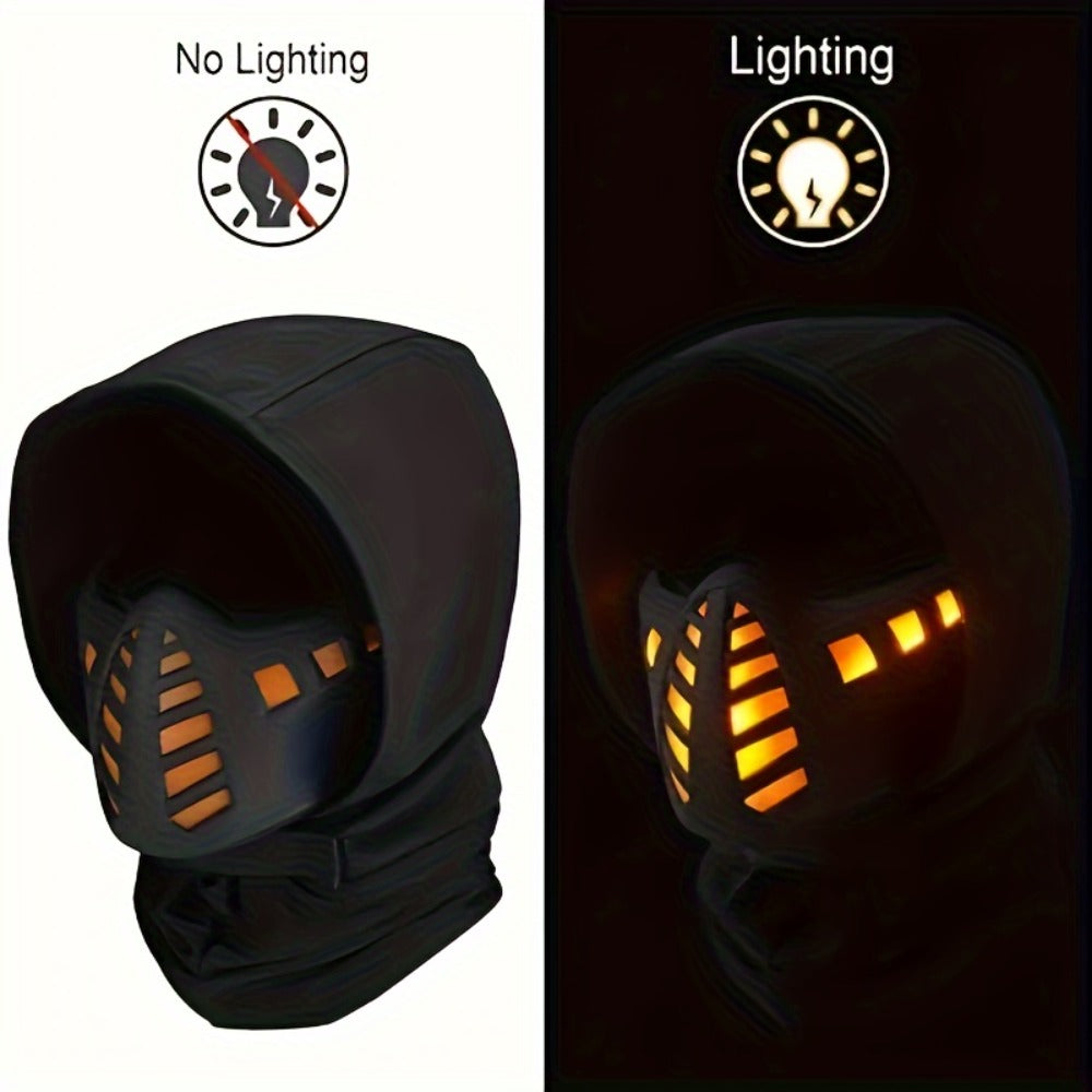 LED Commander Costume Mask with Amber Light Panels, Black Lower-Face Shell and Hood-Style Fabric Cover — image 1