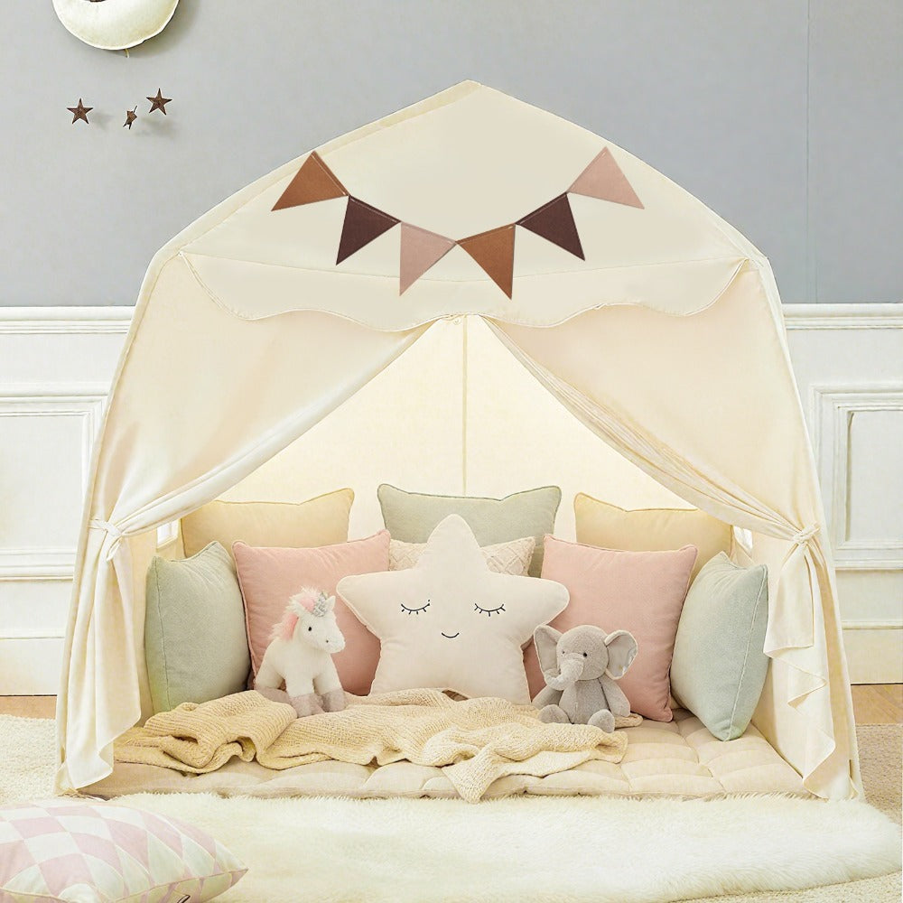 Kids Play Tent with Star Lights & Flags, Extra Large Indoor Outdoor Playhouse with Windows for Reading & Pretend Play — image