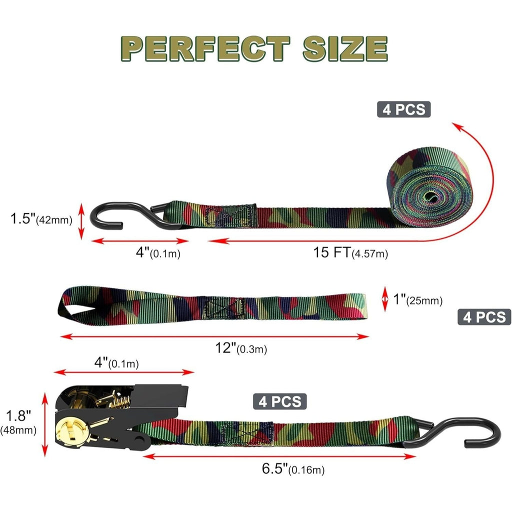Ratchet Tie Down Straps 4-Pack 15FT 1, 500 lb Break Strength Heavy Duty with Soft Loops & Storage Bag – High-Visibility Webbi