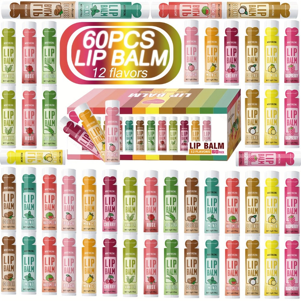 60-Piece Tube Lip Balm Set with 12 Pictured Flavor Labels in a Multicolor Display Box Assortment — image 1