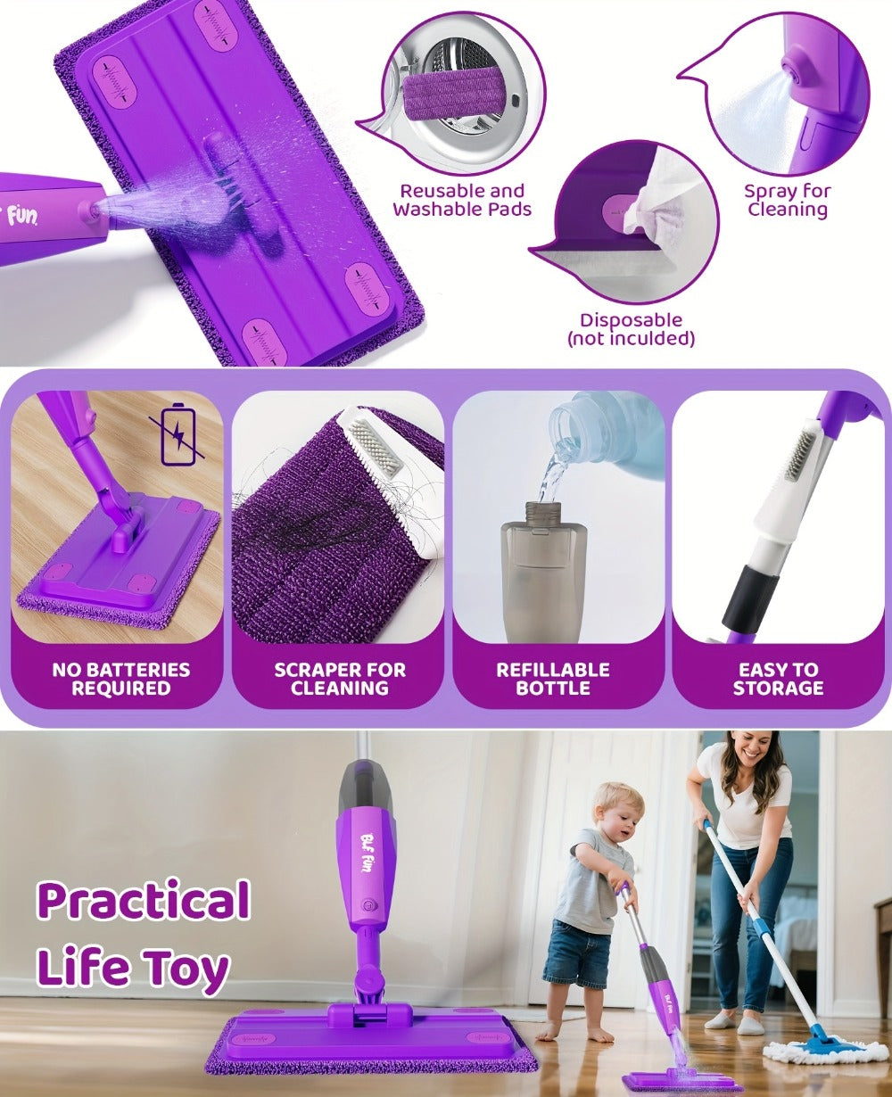 Kids Spray Mop Toy with Water Sprayer, Pretend Play Housekeeping Kit for Floor Cleaning, STEM Educational Toy — image 10