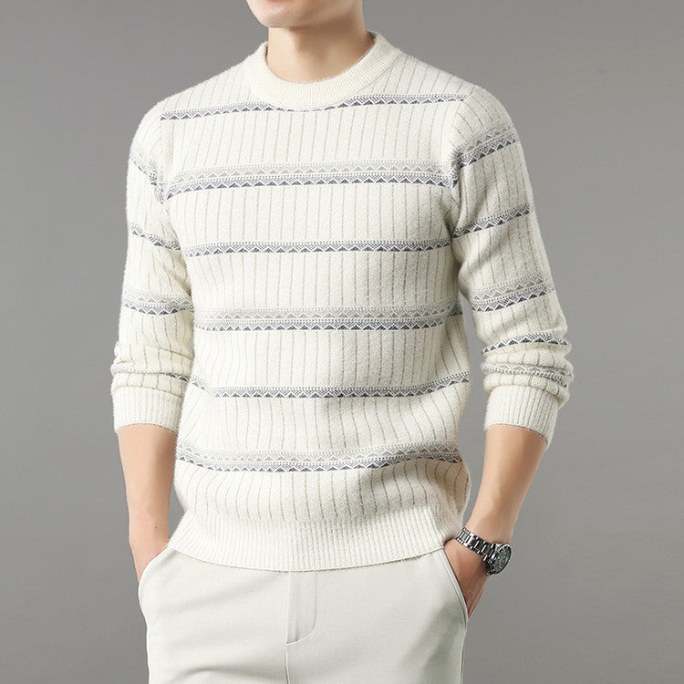 Mens Knitted Fleece-lined Thick Crew-neck Faux Mink Sweater