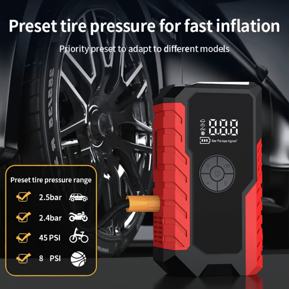 5-in-1 Jump Starter 5000A Peak – 10000mAh Power Bank, 150PSI Air Inflator, Type-C & LED Emergency Light for 12V Gas & Diesel 