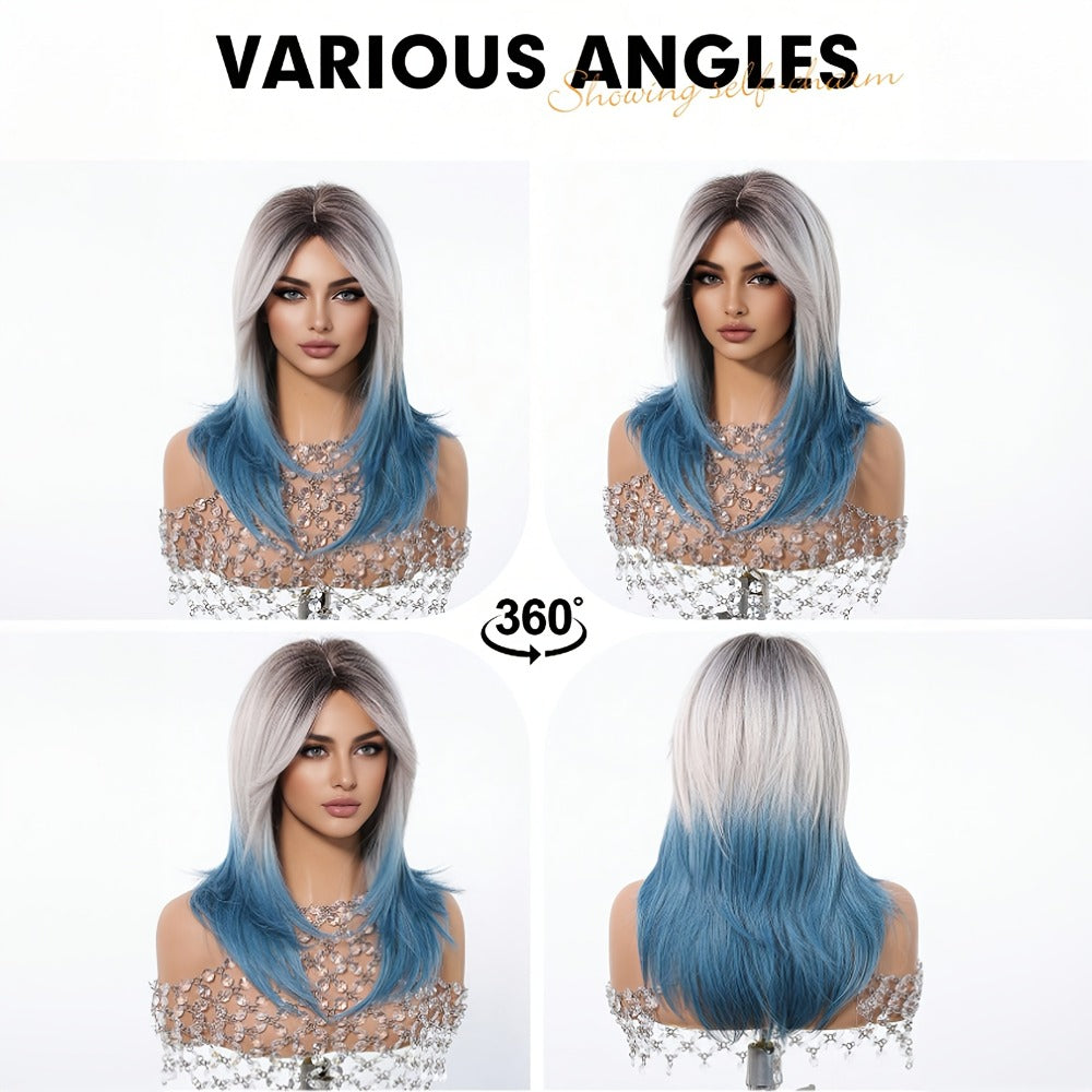 Synthetic Wig 22-Inch Gradient Blue Ombre Layers with Bangs, Adjustable Cap and Rose Hair Net — image 6