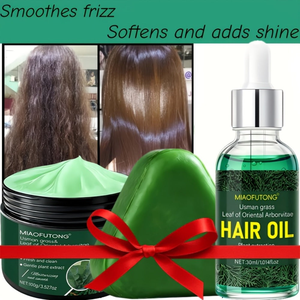 Three-Piece Usman Grass Hair Care Kit with 120g Triangular Shampoo Bar, Oil and Mask Formats — image 1