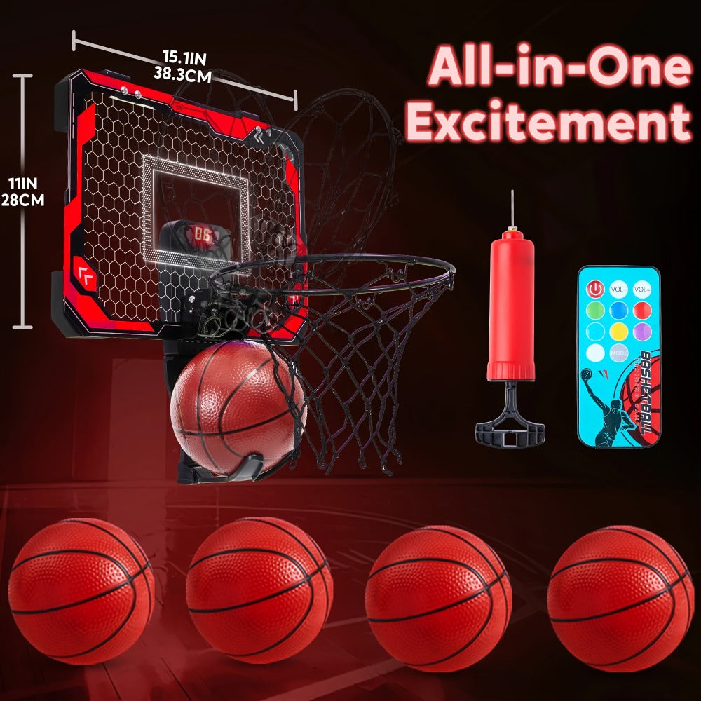 Indoor Basketball Hoop for Kids Over the Door, Light Up LED Scoreboard 4 Balls Air Pump 3 Game Modes 7 Light Shows — image 9