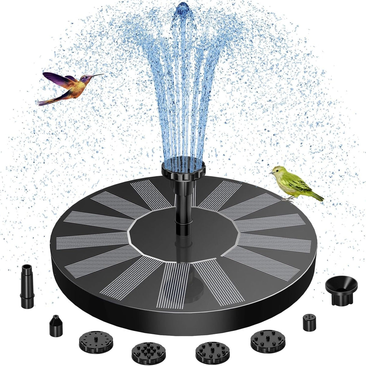 Black Floating Solar Fountain Pump with 16 cm Disc and Interchangeable Spray-Head Fittings — image 1