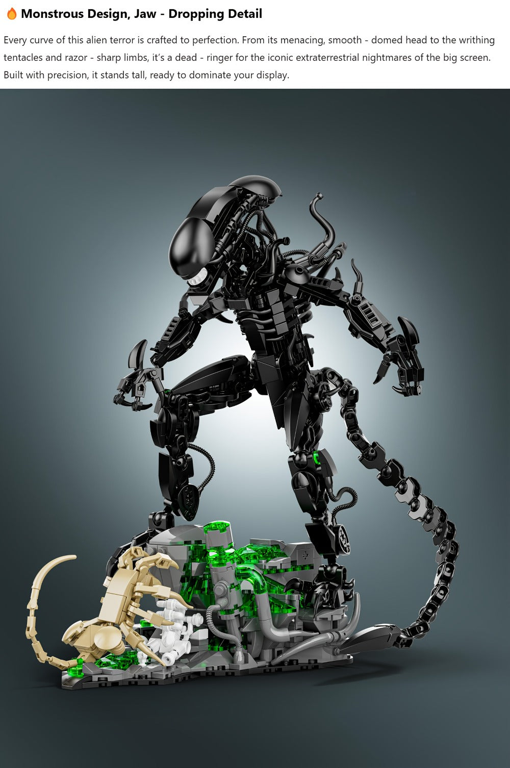 Building Block Set Alien Beast with 958 Pieces, Articulated Black Figure, Scene Base and Long Tail — image 10