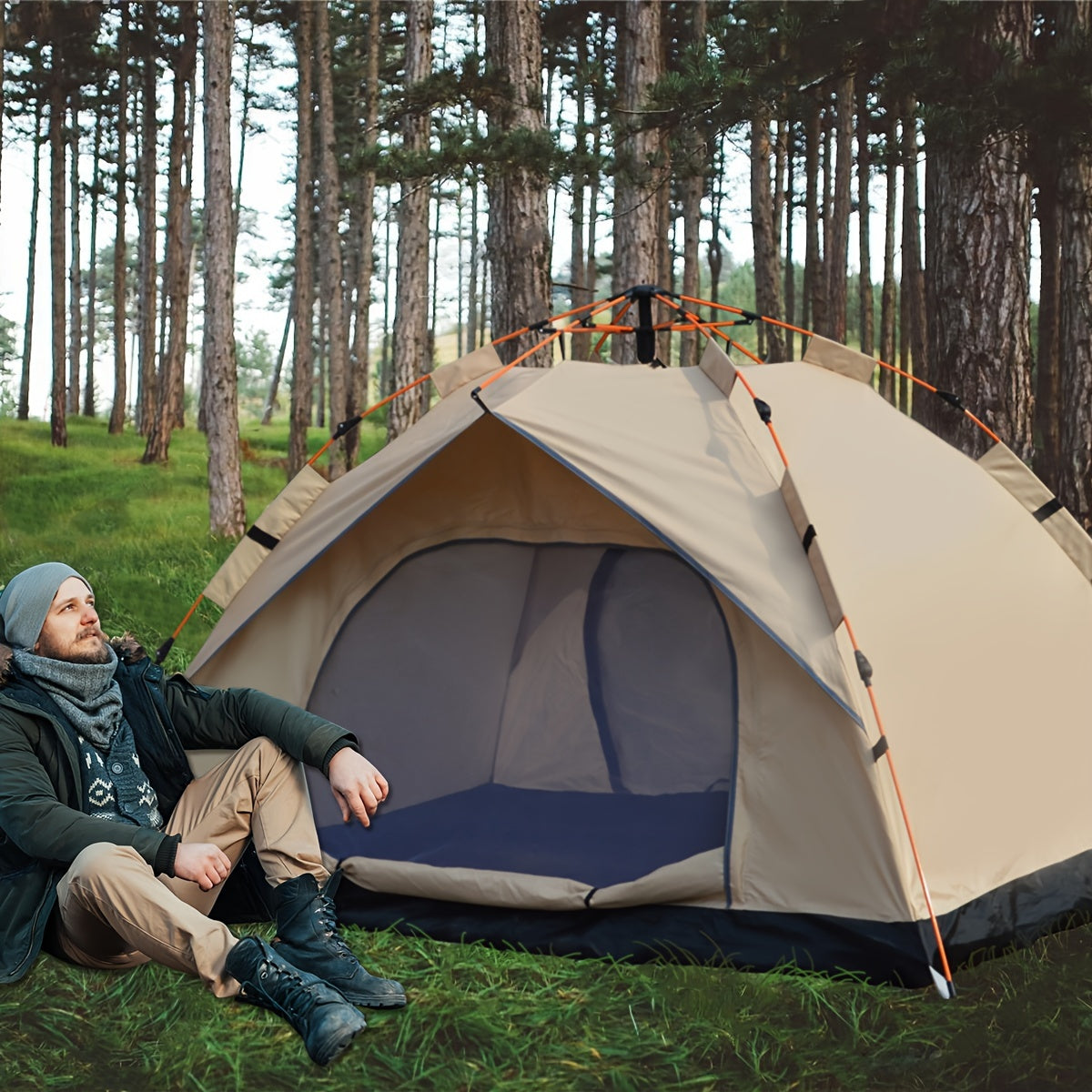 Camping Tent 4-Person Automatic Quick-Open with Two Doors and Earth-Yellow Model Options for Outdoor Camp Setup — image 4