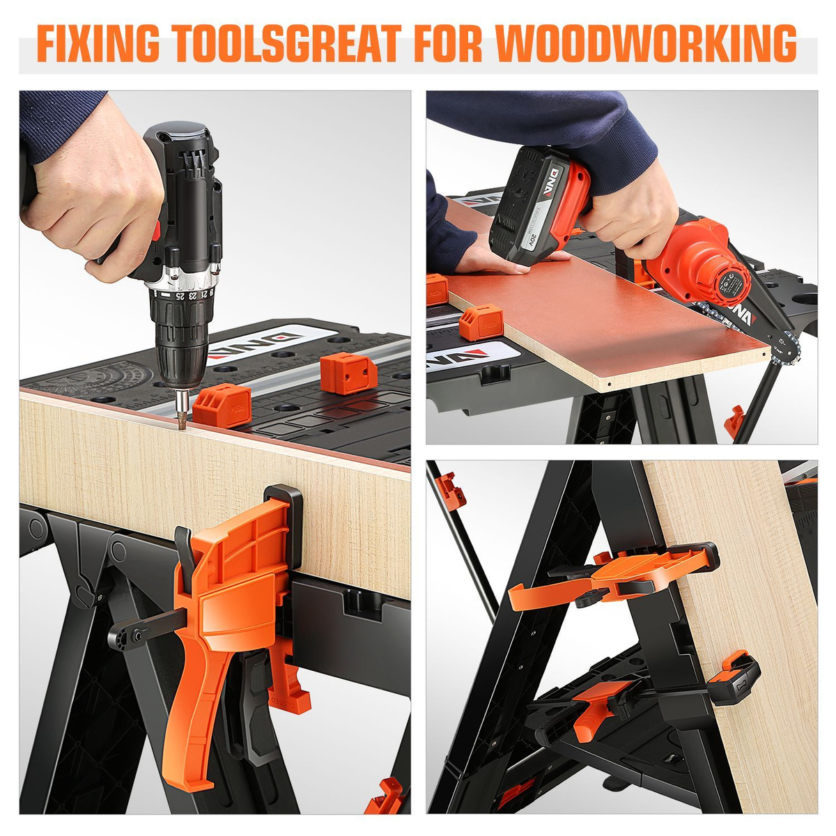 Orange-and-Black Folding 31.1 x 25-Inch Workbench and Sawhorse with Clamps, Blocks and Tool Tray — image 7