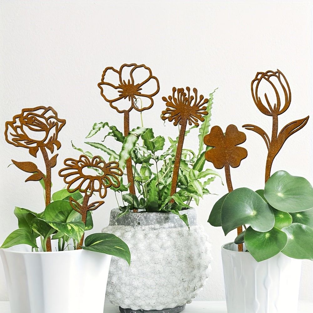 Rustic Flat Metal Flower Garden Stakes, Six-Piece Rose, Daisy and Botanical Set for Pots and Borders — image 6