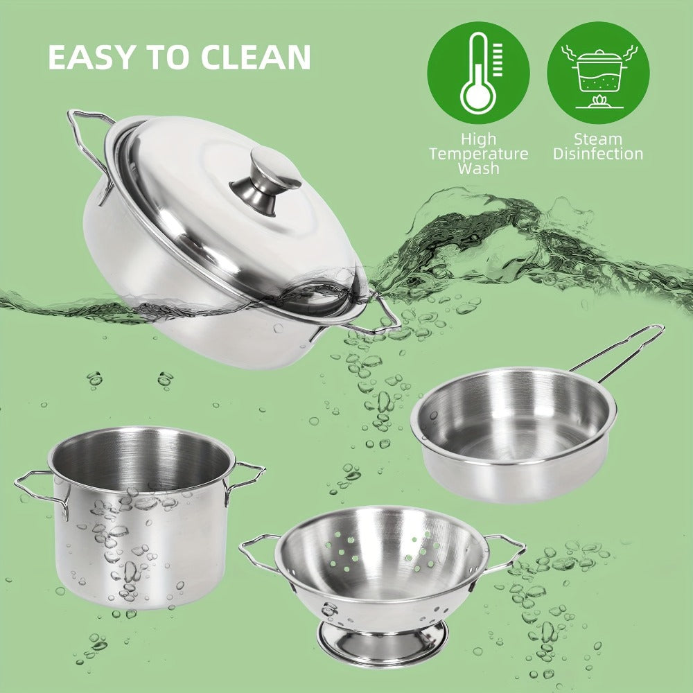 Kids Kitchen Playset 37pcs, Stainless Steel Play Pots & Pans Set with Apron, Chef Hat, Cooking Utensils & Play Food — image 4