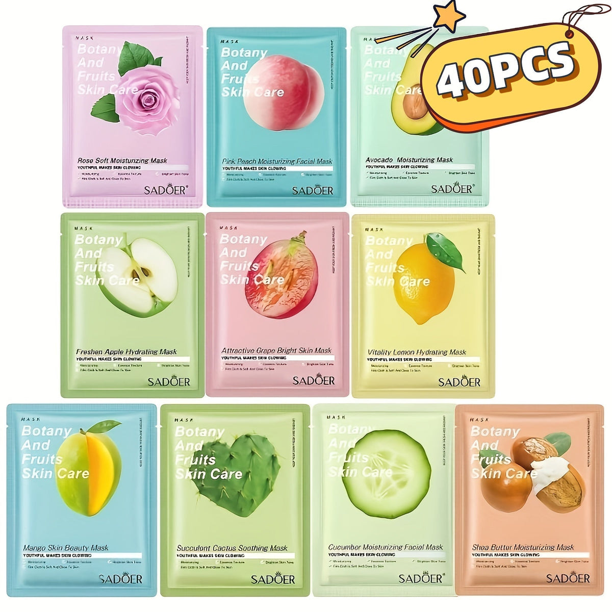 Forty-Piece SADOER Sheet Mask Assortment with Individually Packed Fruit and Rose Pouch Labels — image 8