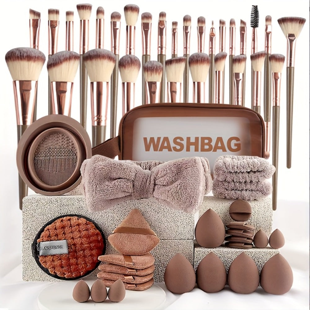 Makeup Brush Set, 56-Piece Polyester Bristle Collection with Wood Handles in Beige, Pink or Brown Color Options — image 2