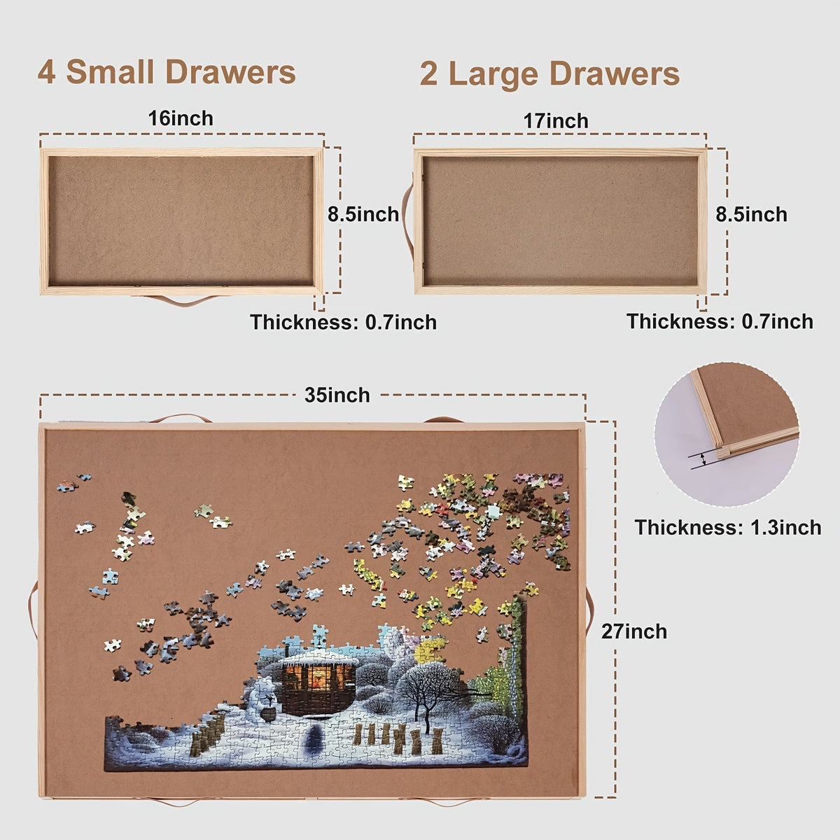 Rotating Puzzle Table with 6 Drawers & Cover for 1500 Pieces – 35"x27" Deluxe Wooden Jigsaw Board with Sorting Storage — imag