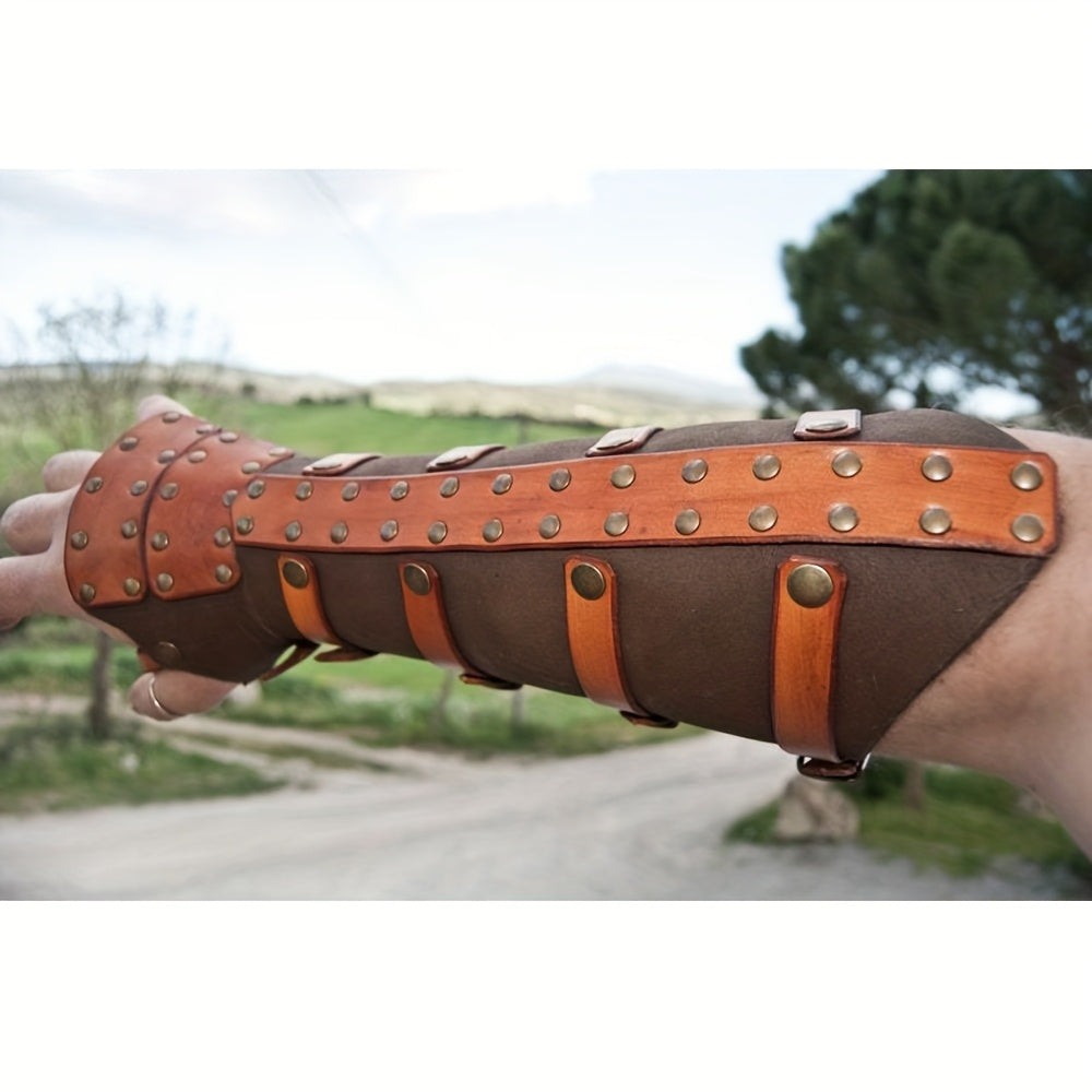 Riveted Costume Forearm Guard in Brown, Black or Coffee with Finger Loop and Buckled Strap Details — image 1