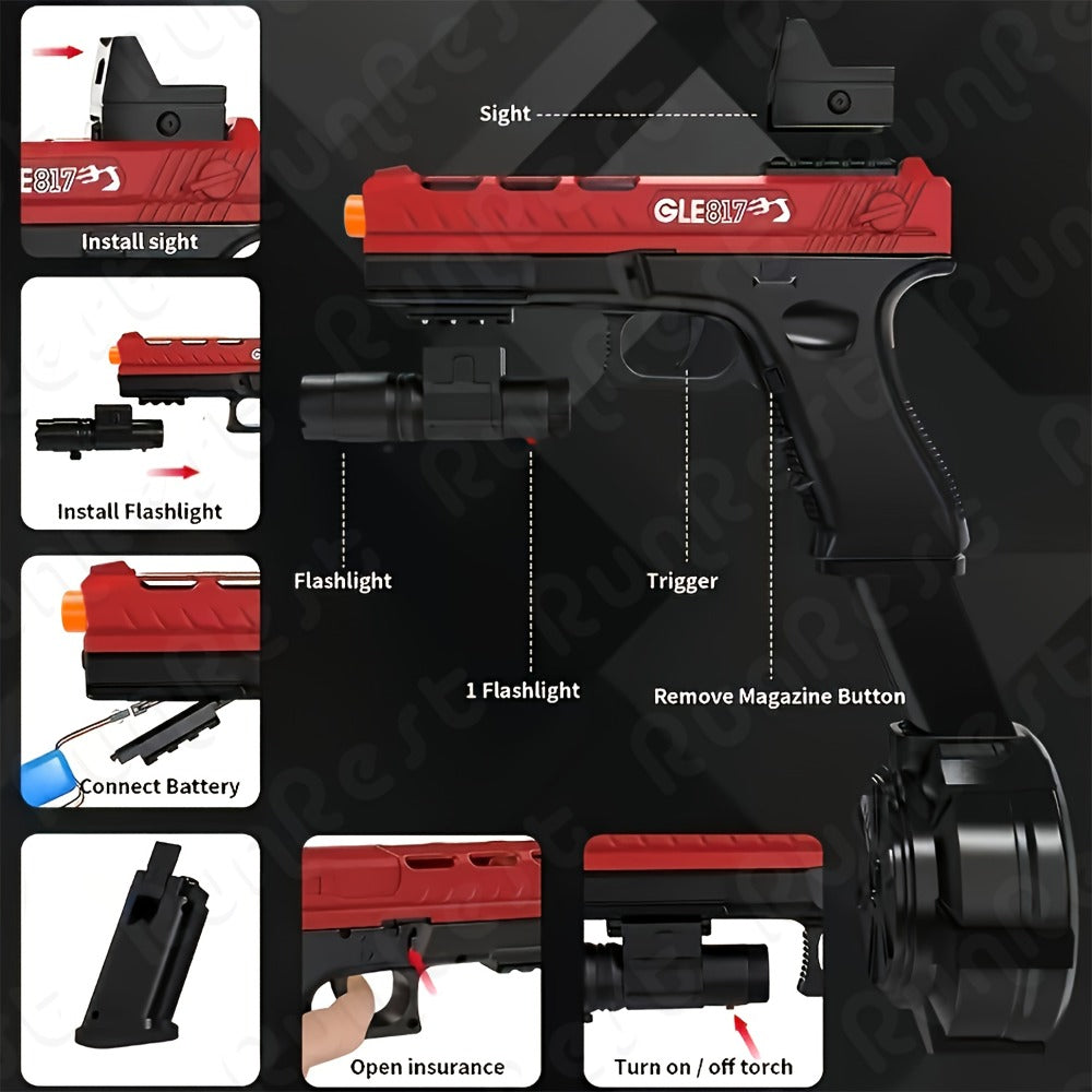 Compact Red-and-Black Electric Gel Blaster Set with Drum, Two Magazines, Sight, Goggles and USB Cable — image 3