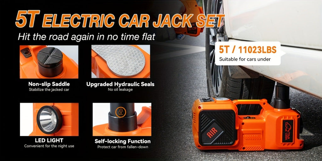 5 Ton Electric Hydraulic Car Jack with Built-in Air Pump – Portable Car Lift for SUV MPV Truck, Tire Replacement & Emergency 