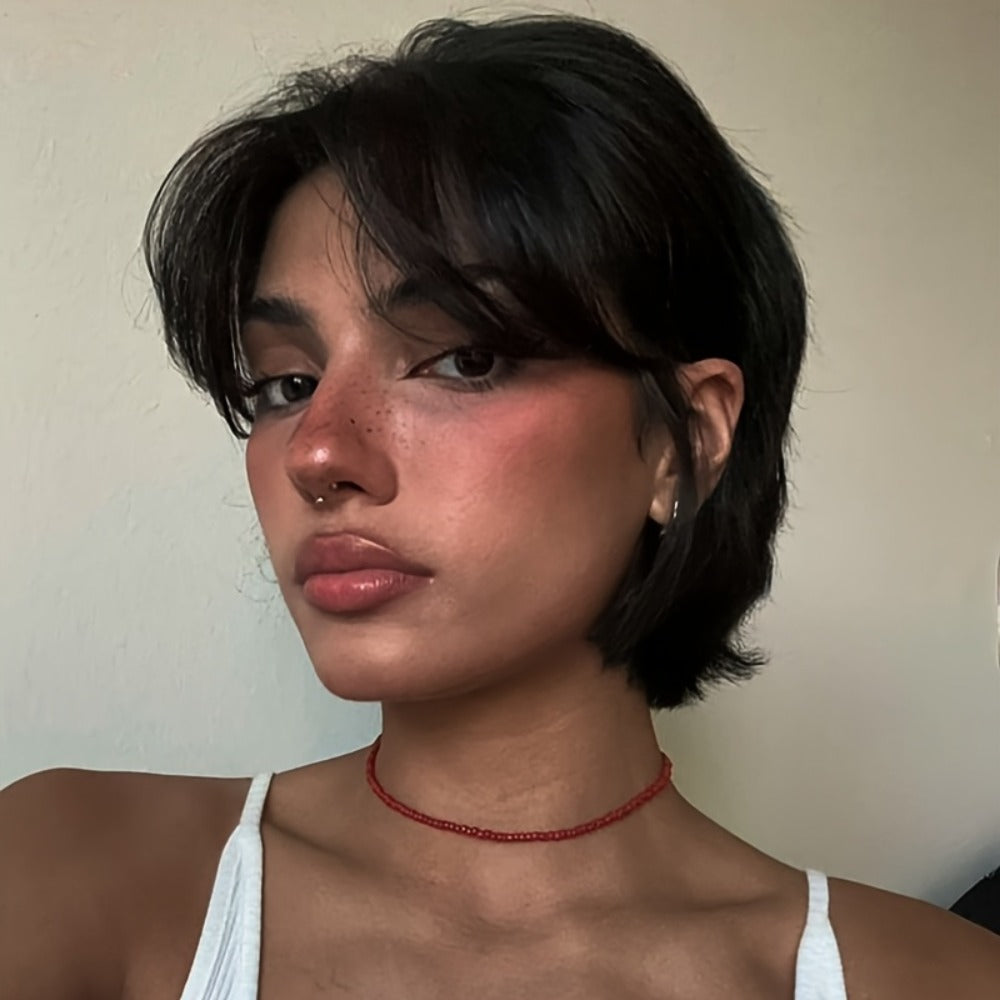 Wig Short Curly Wavy Pixie Bob in Natural Black, 6-Inch Human Hair with Bangs and Rose Net Cap — image 3