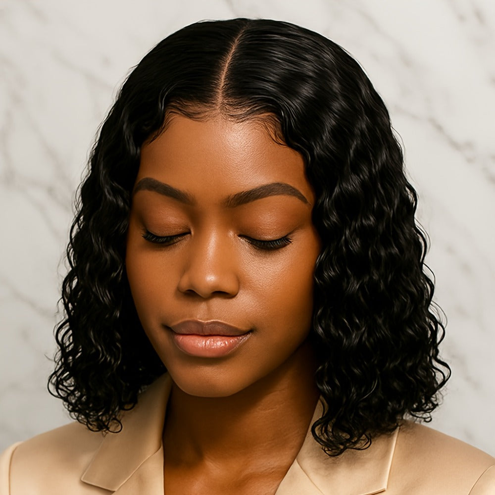 Lace Front Wig Deep-Wave Black 14-Inch Synthetic Style with Glueless Cap, Pre-Plucked Front and Baby Hair — image 2