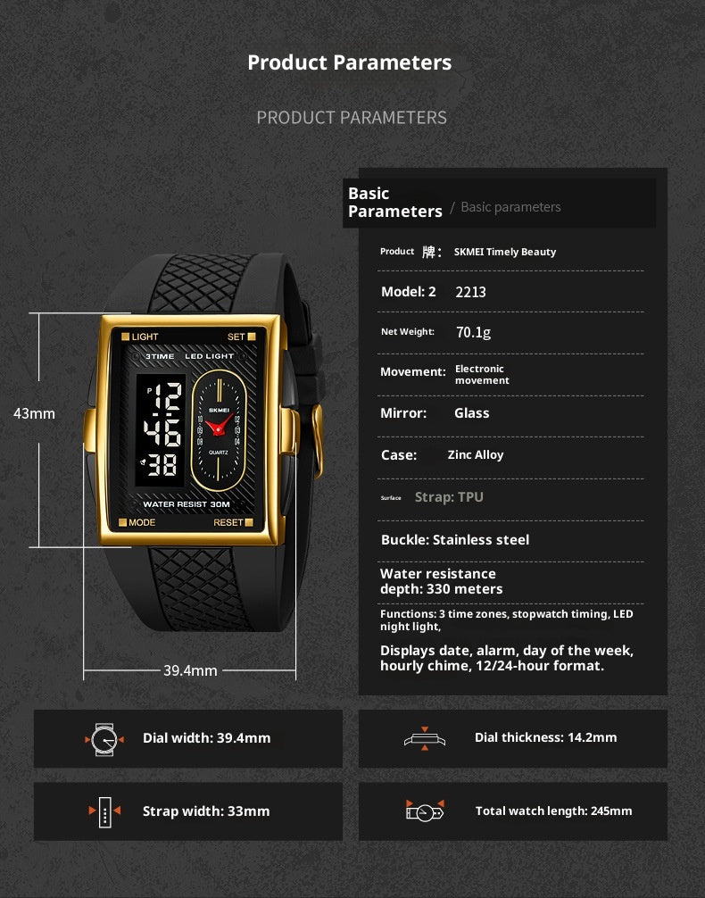 Simple Student Youth Fashion Trend Double Display Multi-functional Sports Waterproof Electronic Watch