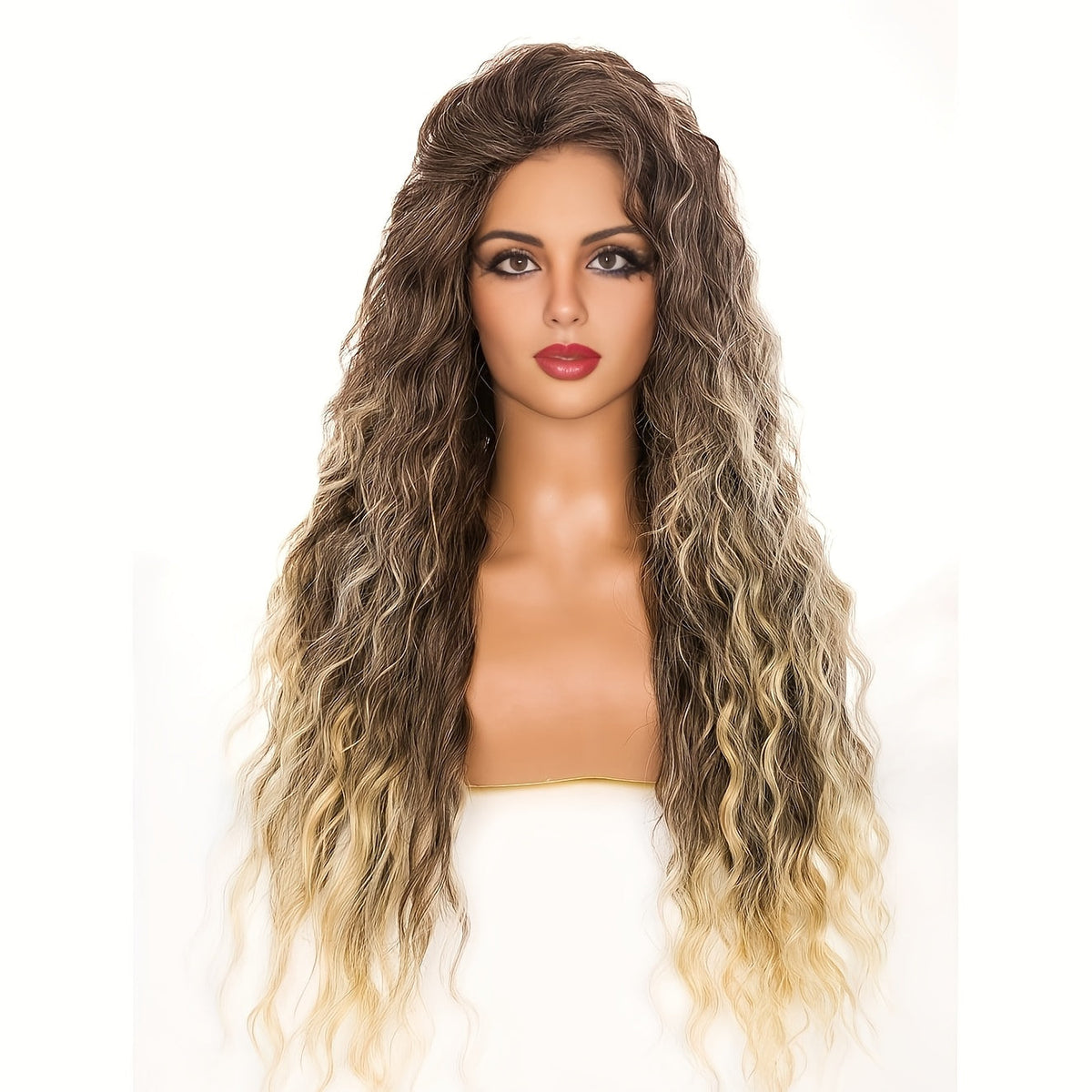 Synthetic Wig 30-Inch Long Curly Waves with Dark Roots, Middle Part and Three Ombre Colors — image 17