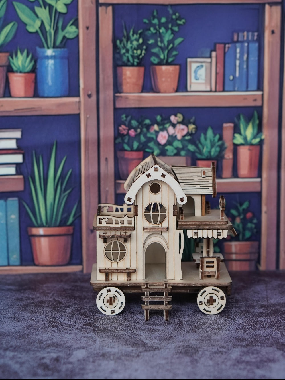 3D Wooden Puzzle Mobile Home on Wheels – DIY Café Bar Model Kit, Handcrafted Miniature House Assembly, Unique Desk Decoration